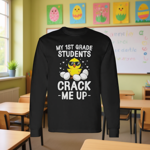 Camiseta de manga larga para profesores de pollos de Pascua, con diseño de mis alumnos de primer grado que me hacen reír. - Product Image 3
