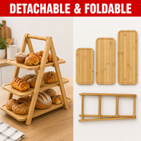 Support de service à 3 niveaux en bambou avec plateaux amovibles - Présentoir pliable en bois pour desserts et cupcakes, idéal pour fêtes, mariages et buffets