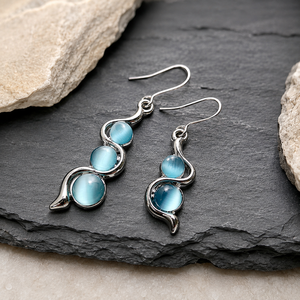 Orecchini pendenti vintage bohémien a onda curva blu mare, regali per feste da donna - Product Image 4