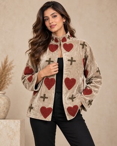 Veste en velours beige brodée Suzani pour femme, élégante, florale, ethnique, vêtement d'extérieur d'hiver, tenue de soirée de créateur, mode en gros - Product Image 2