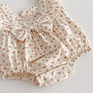 Venta al por mayor 2025 verano dulce lazo grande Floral manga voladora bebé niñas mameluco - Product Image 4
