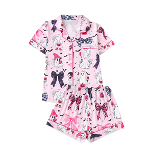Conjunto de <span class=keywords><strong>Pijama</strong></span> de Dos Piezas para Mujer, Color <span class=keywords><strong>Rosa</strong></span>, Estampado de Fantasma y Murciélago de Halloween, Cuello con Muescas, Botones, Poliéster Suave, Ropa de Dormir Personalizada, Tallas Grandes - Product Image 1
