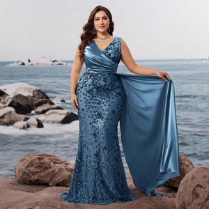 مقاس كبير أنيق مطرز بقصة ضيقة رقبة حرف V أكمام قصيرة سادة بطول الأرض فستان صيفي من الساتان للحفلات وصيفة العروس - Product Image 4