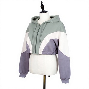 Sweat-shirt court en tricot à capuche color block pour femme, avec fermeture éclair et épaules tombantes, style décontracté automne - Product Image 2