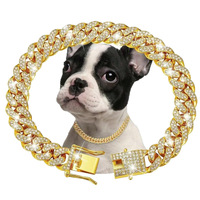 Chaîne pour chien personnalisée de 13 mm de large, maillons cubains, en alliage doré de luxe, ornée de diamants, accessoires de mode durables pour animaux de compagnie
