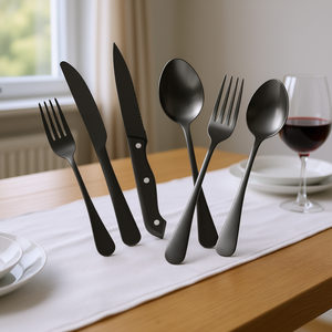 Juego de cubiertos de acero inoxidable negro de 48 piezas para 8 personas, apto para lavavajillas, diseño minimalista, kit de vajilla. - Product Image 2