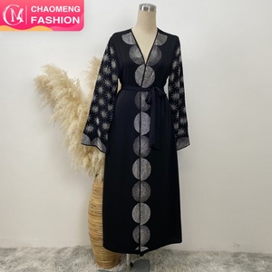 1423#B Modest Luxury Silver <b>Sequin</b> Black Open Abaya with Side Pockets Spring Fashion Long Coat for Important Occasions - Product Image 1
