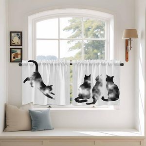 Rideaux courts à volants motif <span class=keywords><strong>chat</strong></span> noir et blanc pour salle de bain, au-dessus de l'évier, petite cuisine, 2 panneaux - Product Image 1