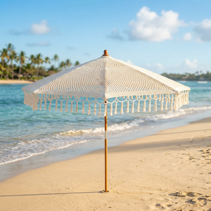 Handwoven Macrame Bohemian Beach Umbrella Manual Control for Travel Outdoor Use Crochet Fringe <b>Sun</b> <b>Shade</b> Canopy Wood Handle - Product Image 2