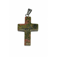 Polierter Edelstein-Kreuzanhänger in 17 Natürlichen Kristallvarianten, Silberfassung, Spiritueller Religiöser Schmuck-Charm