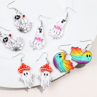 Anting-anting akrilik perempuan lucu perhiasan modis anting-anting menjuntai kreatif jaring laba-laba pelangi jamur Halloween kustom murah