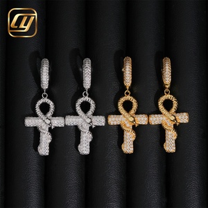 Boucles d'oreilles créoles de luxe en argent S925 plaqué or 18 carats avec croix Ankh en moissanite micro-pavée, certifiées GRA, unisexe - Product Image 1