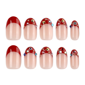 Faux ongles courts ovales rouges à presser, avec strass colorés, élégants pour l'automne et l'hiver, pour salon, DIY et usage quotidien - Product Image 4