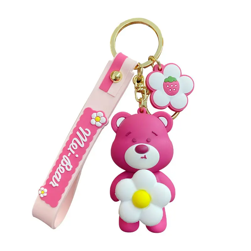 Baimao Original Halloween Gift Cute Fashion Cartoon Funny Strawberry Bear Pink Rotating Small Yellow Flower Keychain