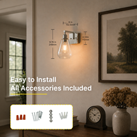 Lampu Dinding Besi Vintage Bohlam LED Finishing Nikel Poles Badan Kaca Bening Lampu Dinding Latar Belakang Ruang Tamu Kamar Mandi Kamar Tidur