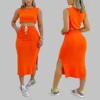 2022新着サマードレスレディースファッションレディースカジュアルタンクトップ巾着スリットツーピースセットレディーススカート