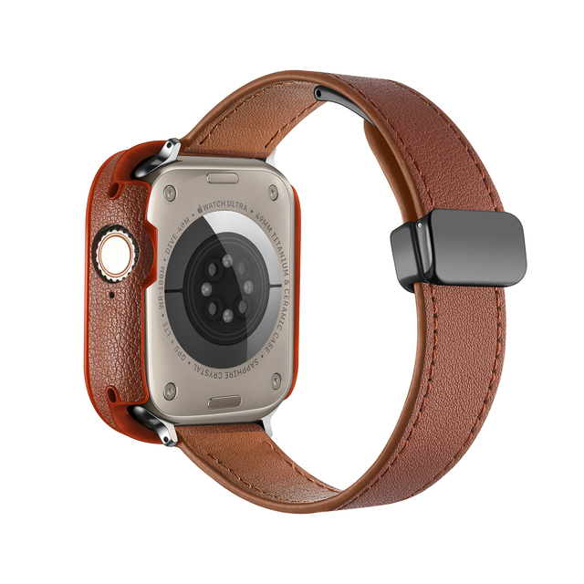 Magnetic Buckle Leather Watch Strap with Breathable Leather Glass Cover Compatible with for Apple Watch 38mm 44mm 49mm Straps Ba