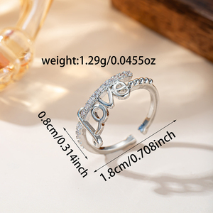 Anello Aperto Regolabile di Lusso in Tono Argento con Scritta LOVE, Lettere Incise, Fila di Pietre Pavé e Accenti di Bolle Perlate, Gioiello da Donna, Idea Regalo - Product Image 2