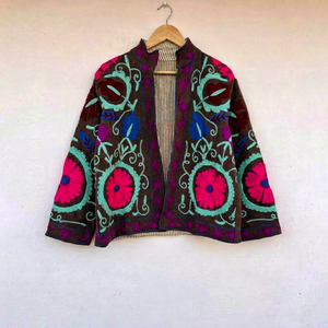 Chaqueta Bordada Suzani Hecha a Mano para Mujer, Mezcla de Algodón y Lana Marrón de Primera Calidad, Estilo Bohemio Vintage, Abrigo Tradicional Cachemirí - Product Image 1