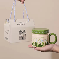 Cangkir keramik bunga mewah dengan tutup untuk wanita, cocok untuk rumah dan kantor, cangkir minum kopi dan teh kelas atas
