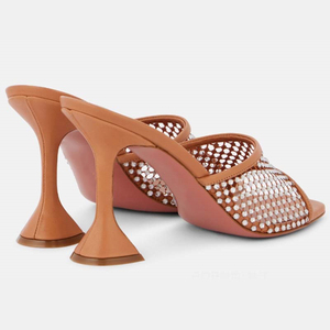 Summer Women Mesh Upper Sandals Open Toe Shoes Bling Diamonds <b>Fishnet</b> Mules High Kitten Heels on Pumps for Ladies - Product Image 5