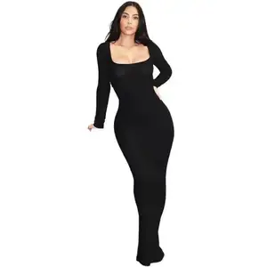 Super Soft Skims Long Sleeve Lounge Dress Ladies Bodycon Maxi Dress Casual Custom Logo Skims Slip Dress For Women 2024