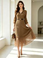 Robe de bureau bleu marine à col en V, plissée, avec ourlet en dentelle, manches évasées 3/4, robe midi pour femme avec ceinture