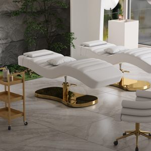 Muebles de Salón de Belleza Modernos de Lujo y Alta Calidad, Cama de Spa Facial de Cuero Marrón, Base de Acero Inoxidable, Cama para Pestañas, Cama de Belleza Curva - Product Image 1