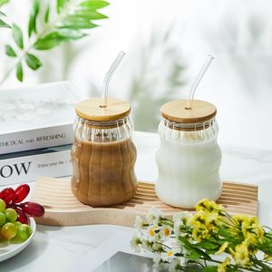 <span class=keywords><strong>Vasos</strong></span> de Vidrio Ondulados Vintage de 16 oz, <span class=keywords><strong>Vasos</strong></span> para Café Helado, Cerveza, Vaso con Tapa de Bambú y Pajita de Vidrio - Product Image 5