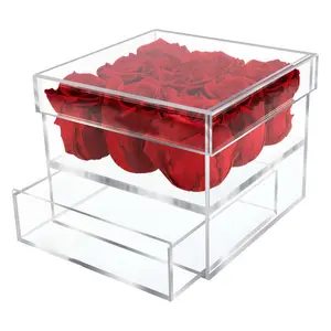 Custom Luxury Clear Acrylic Rose Box Waterproof Acrylic Flower Jewelry Gift Box with Drawer