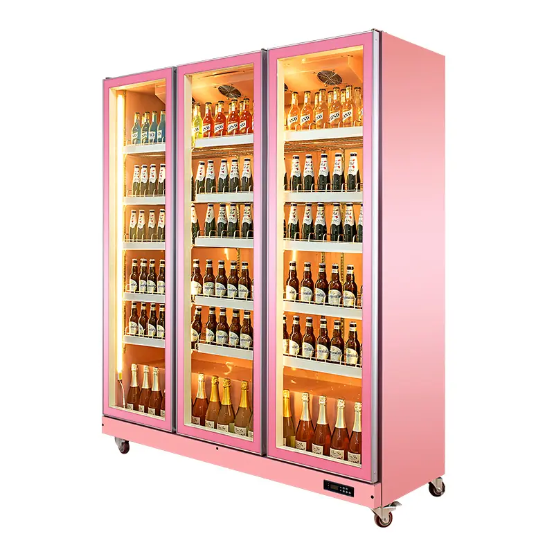 ビールディスプレイ3ドア業務用冷蔵庫ピンクバー冷凍庫ガラスドア