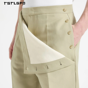 High Quality Men's Trousers Side Buttoning Wrap Front High Waisted Khaki Sand Vintage <strong>Old</strong> Money Style Casual <strong>Pants</strong> - Product Image 2
