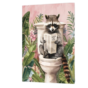 Impression sur toile de raton laveur amusant aux toilettes, affiche humoristique <span class=keywords><strong>d</strong></span>'animal lisant un journal, images <span class=keywords><strong>d</strong></span>écoratives tropicales roses pour salle de bain - Product Image 3