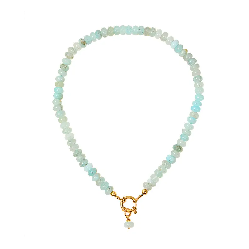 Украшение изящное ожерелье из натурального кварца с простым камнем-талисманом аквамарином и золотистой цепочкой ожерелье с застежкой T/O
