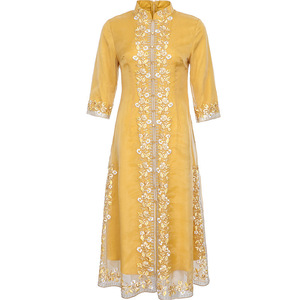 Vestido de Estilo Retro Chino, Amarillo, con Cuello Alto, Bordado, Manga Larga, Vestido de Noche, Vestido Informal para Mujer, Tallas XS, S, M, L, XL, XXL - Product Image 5