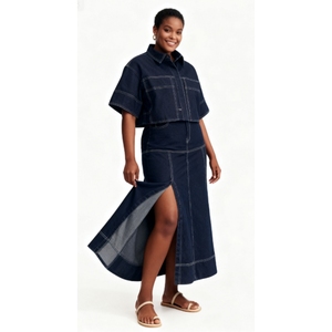 Summer Women's Casual Pocket Short-Sleeve Shirt <b>Split</b> <b>Skirt</b> Denim 2-Piece Set Fashion - Product Image 2