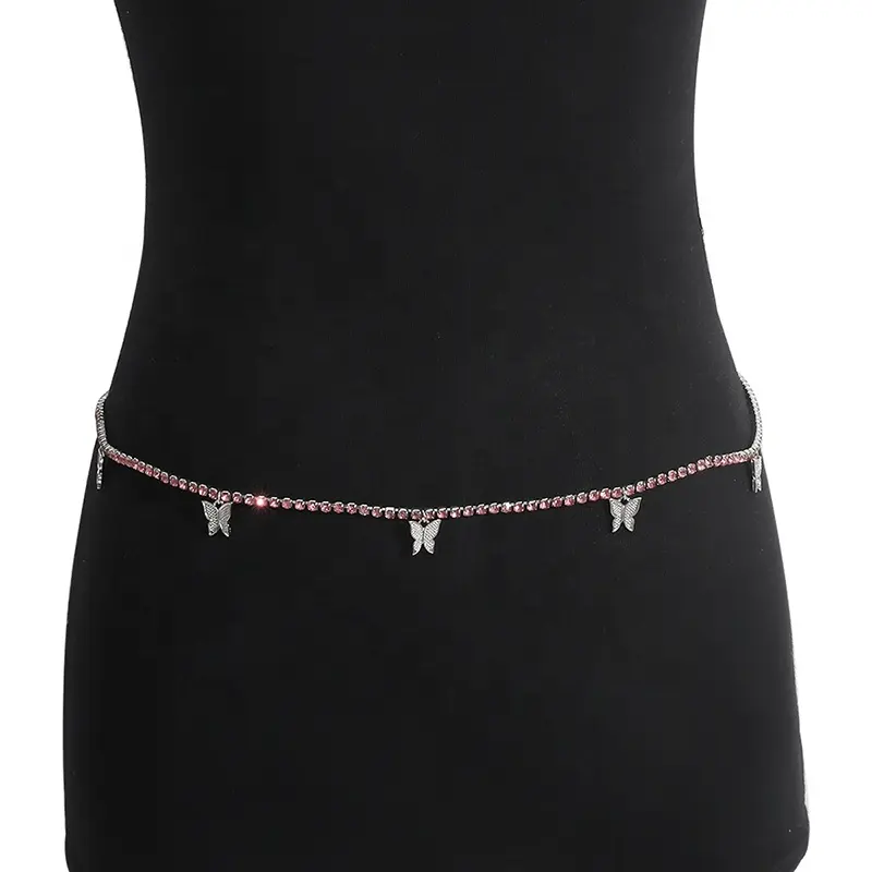 customized stainless steel waterproof sexy bling body tennis chain diamond butterfly waist belly chain Sparkling Crystal