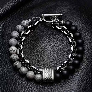 Bracelet géométrique tendance pour homme en acier inoxydable avec chaîne perlée et maillons, motif <span class=keywords><strong>carte</strong></span> givrée - Product Image 2