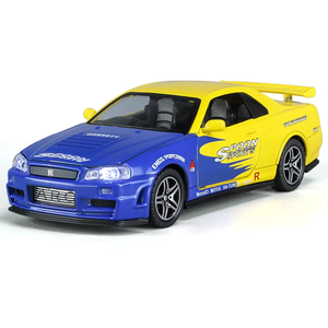 Voiture miniature Nissan <span class=keywords><strong>GTR</strong></span> <span class=keywords><strong>R34</strong></span> en alliage moulé sous pression, échelle 1:32, haute qualité, avec son et lumière, 4 portes ouvrables, batterie incluse, emballage en boîte, pour enfants - Product Image 1