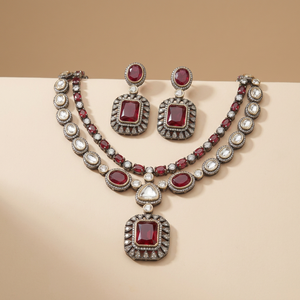 Vintage <b>Ruby</b> <b>Necklace</b> and Earring Set with Imitation Pearl Gold Plated Brass Jewelry Bohemian Unisex Wedding Style - Product Image 2