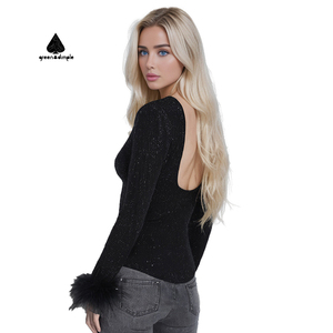 T-shirt à manches longues à paillettes personnalisées vert fossette T-shirt réfléchissant Fabricants de vêtements Haut court personnalisé pour femmes - Product Image 2