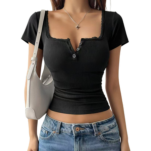 T-shirt court à manches courtes pour femmes Channel XS-3XL, style Y2K, boutonné, avec bordure en dentelle, côtelé, coupe ajustée, col rond, Henley, été, fille - Product Image 1