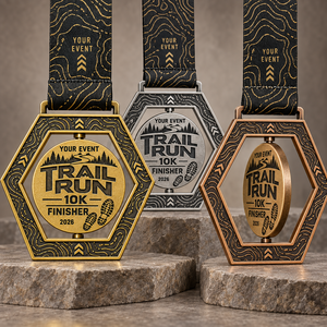 Medallas Personalizadas para Corredores de Trail Running con Marcos Hexagonales Calados para Finalistas de Carreras en Oro, Plata y Bronce con Cintas Impresas - Product Image 1