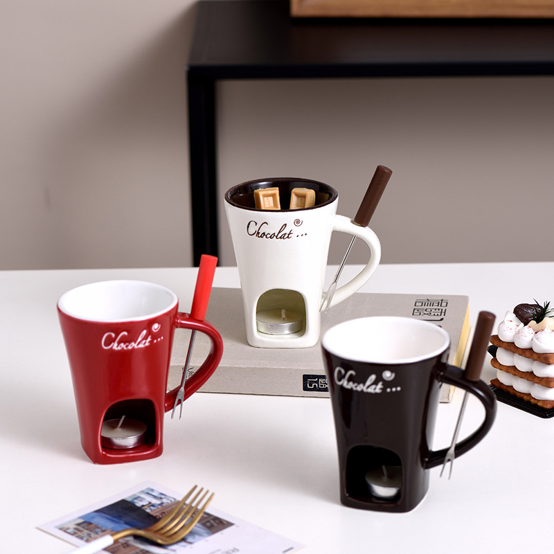 BORDEAG Fondue Au Chocolat En Céramique, Service à Fondue Au Chocolat Avec 2 Fourchettes, Fondue Chocolat, Fondue Au Beurre Fondue Au Fromage, Fondoir Pour Chocolat Et Fromage, Blanc, 400 ML