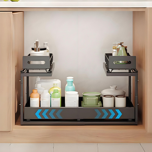 Organisateur de cuisine à 2 étages extensible <span class=keywords><strong>sous</strong></span> l'évier <span class=keywords><strong>Étagère</strong></span> coulissante en métal <span class=keywords><strong>Tiroir</strong></span> réglable Panier de rangement Cabinet <span class=keywords><strong>Étagère</strong></span>s à épices - Product Image 2