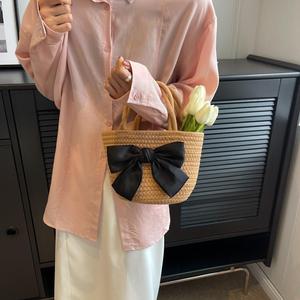 <b>Straw</b> Woven Bucket <b>Bag</b> Women Colored Lines Off White Stylish Everyday Use Spring 2025 - Product Image 3