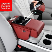 Accoudoir universel tout-en-un en cuir pour console centrale de voiture avec chargeur de téléphone, porte-gobelet multifonction et support de rangement pour téléphone