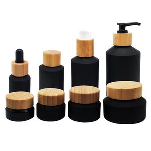 Ensemble de bouteilles/bocaux en verre dépoli Jade noir Volume de 5ml Ensemble complet pour sérum huile essentielle Lotion crème compte-gouttes en bambou 200ml étanchéité - Product Image 1