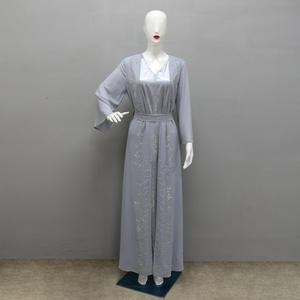 イスラム教徒の服四季通勤ベスト + オープンドレスシフォンプレスダイヤモンドアバヤ女性イスラム教徒のドレス2ピースセット - Product Image 5