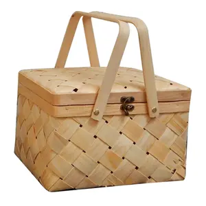 Festival party decoration natural wood chips bread fruit storage basket multiple capacity Picnic Basket With Lid